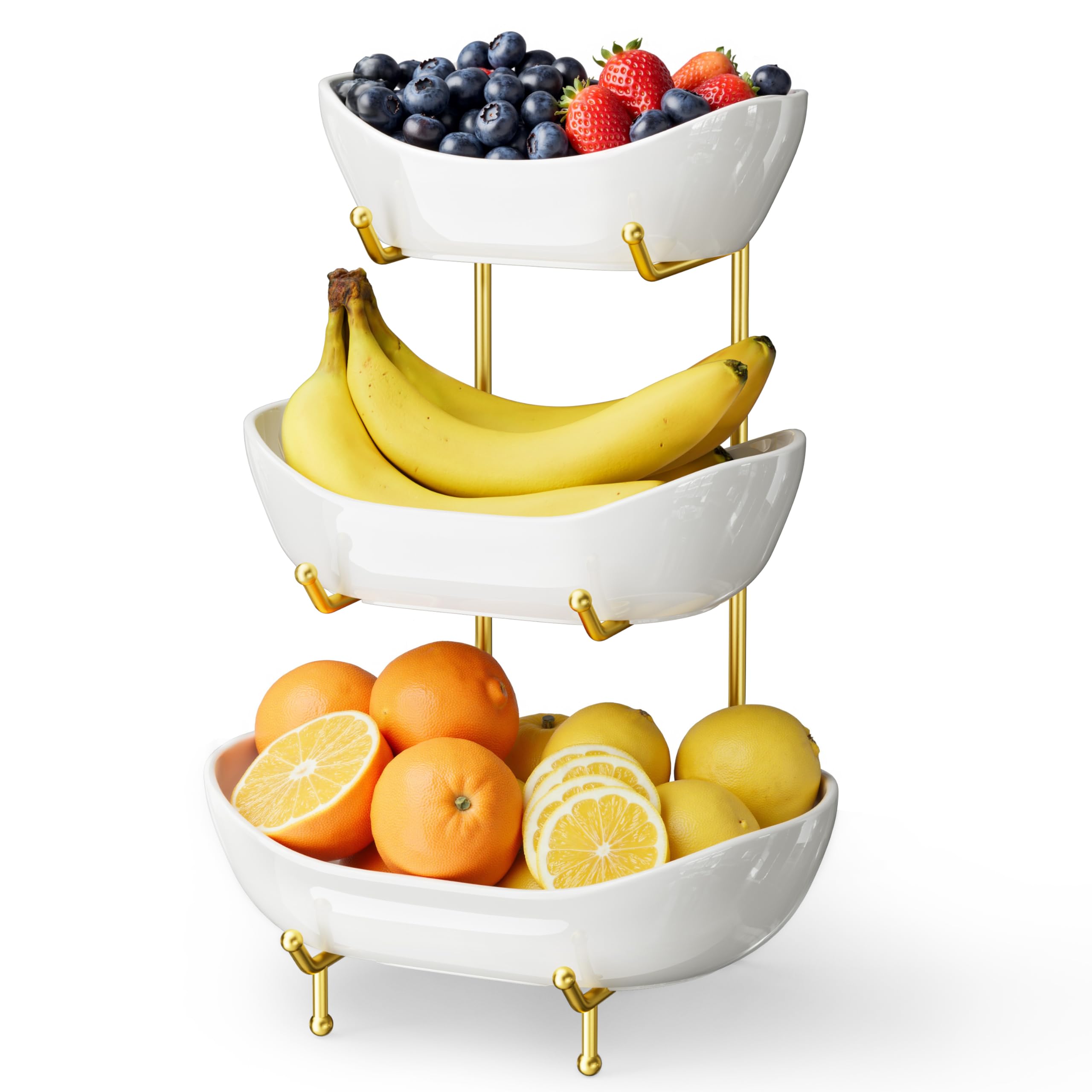 Josmimic bandeja-fruta ceramica-3-niveles: organizador elegante para frutas en la encimera.