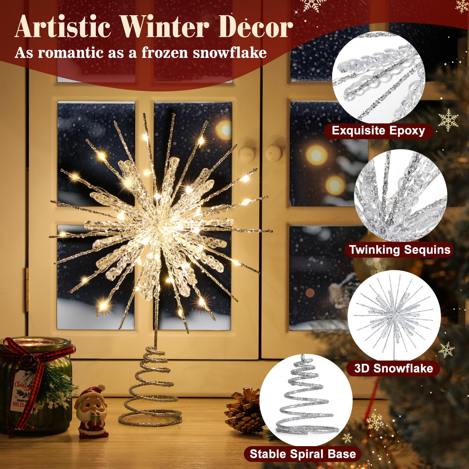 Lewondr acabado plateado con glitter que refleja la luz cálida.