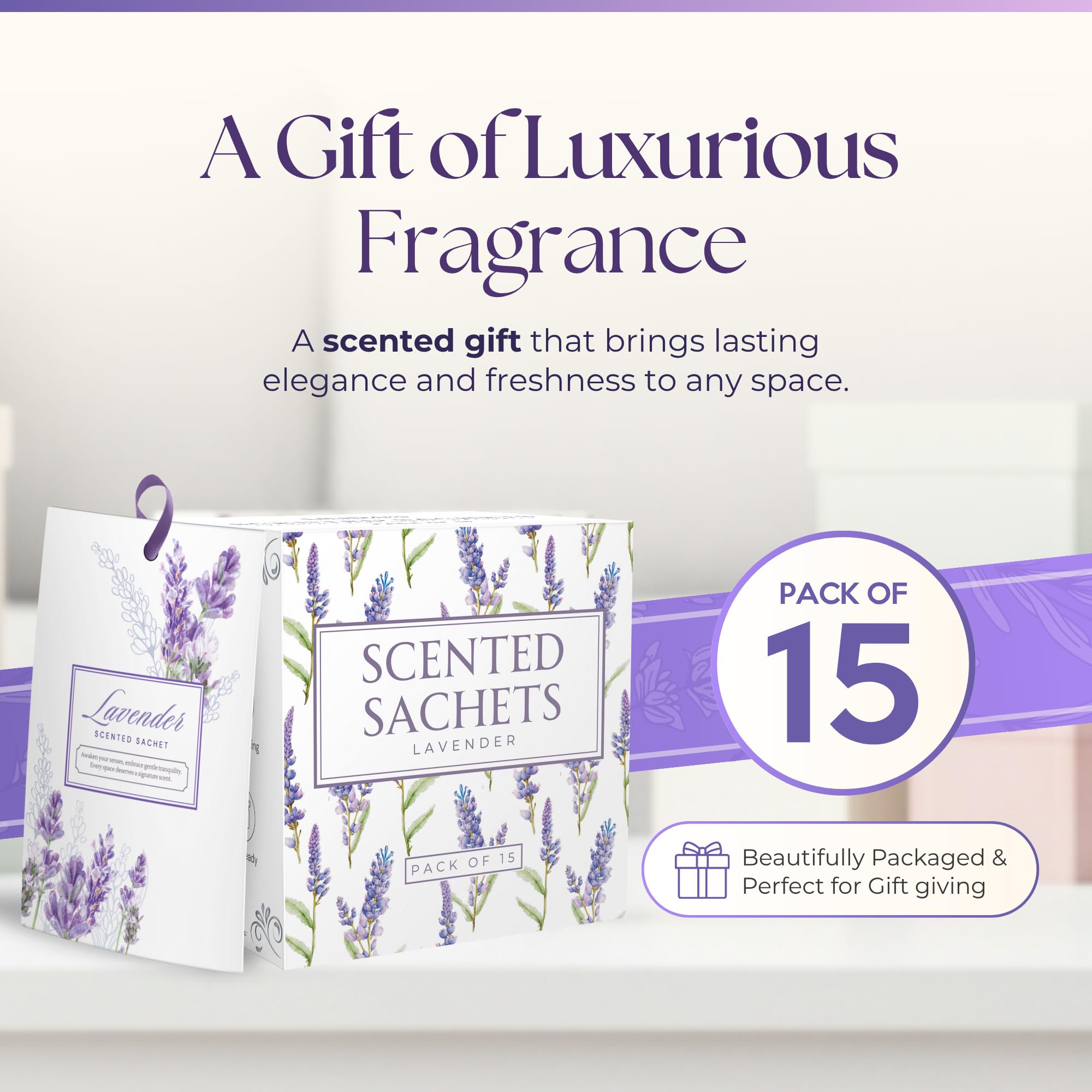 Linda's Essentials saquitos de lavanda para despensa, dejando un aroma suave y agradable.
