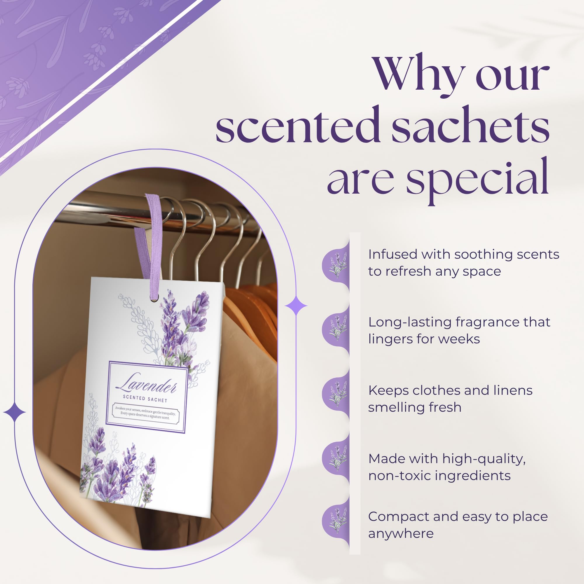 Linda's Essentials saquitos de lavanda para gimnasio, aroma suave para uso temporal.