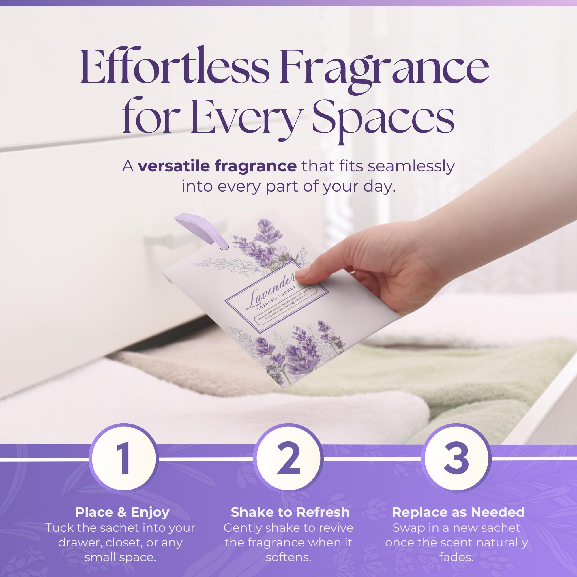 Linda's Essentials saquitos de lavanda para vestidor, textiles perfumados y frescos.