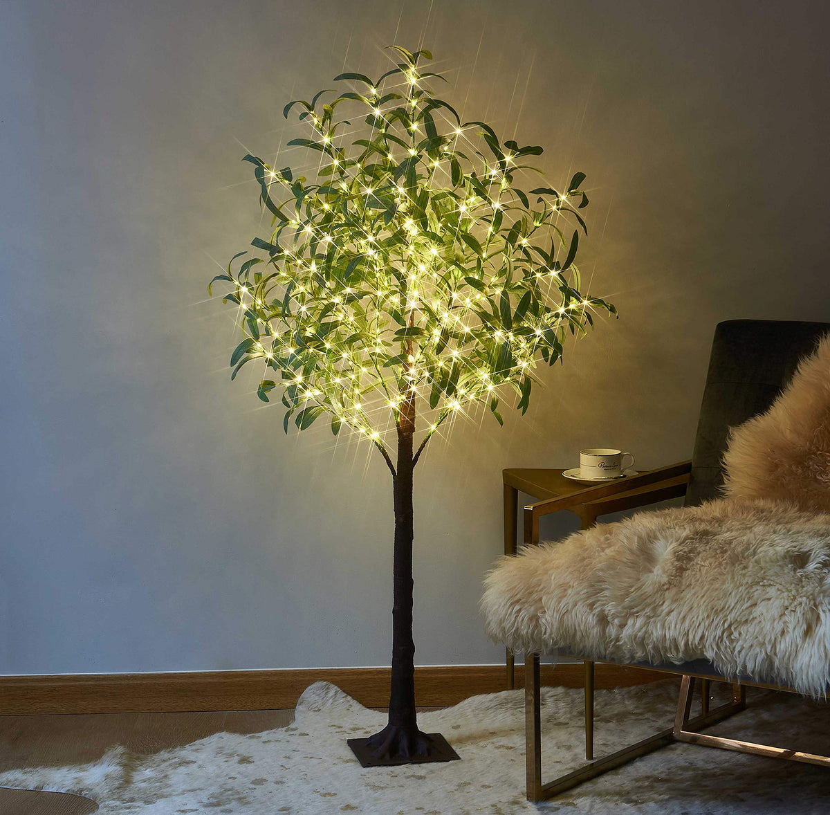 LITBLOOM árbol olivo iluminado, cuatro pies, iluminación suave para interiores y exteriores.