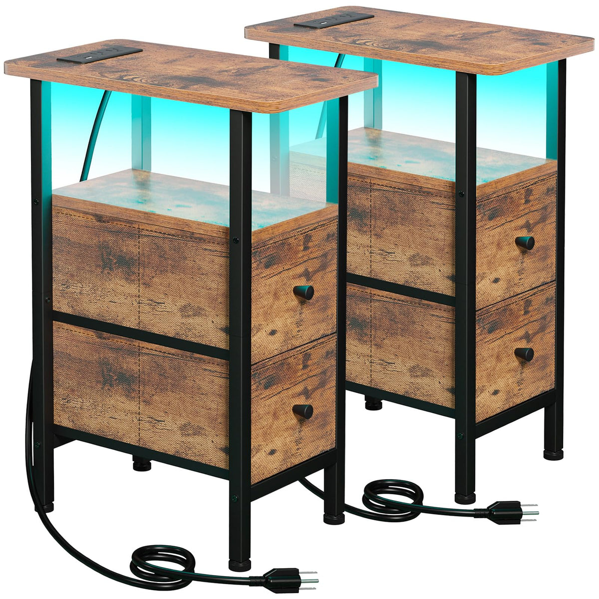 LOAKEKEL mesita estrecha con carga LED, ideal junto al sofá para cargar dispositivos.