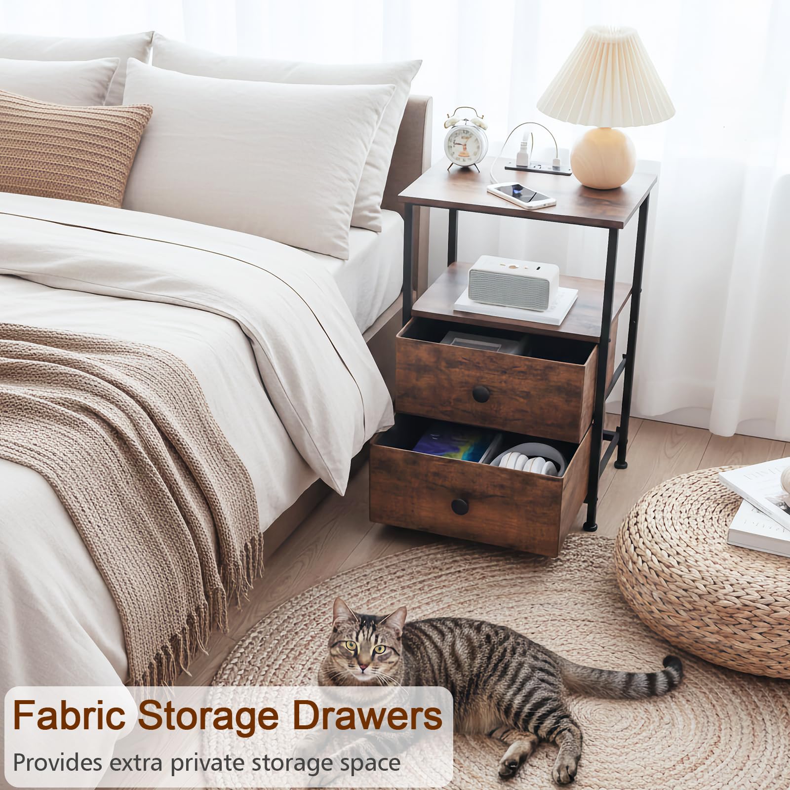 LOAKEKEL mesita de noche con estación de carga integrada para múltiples dispositivos