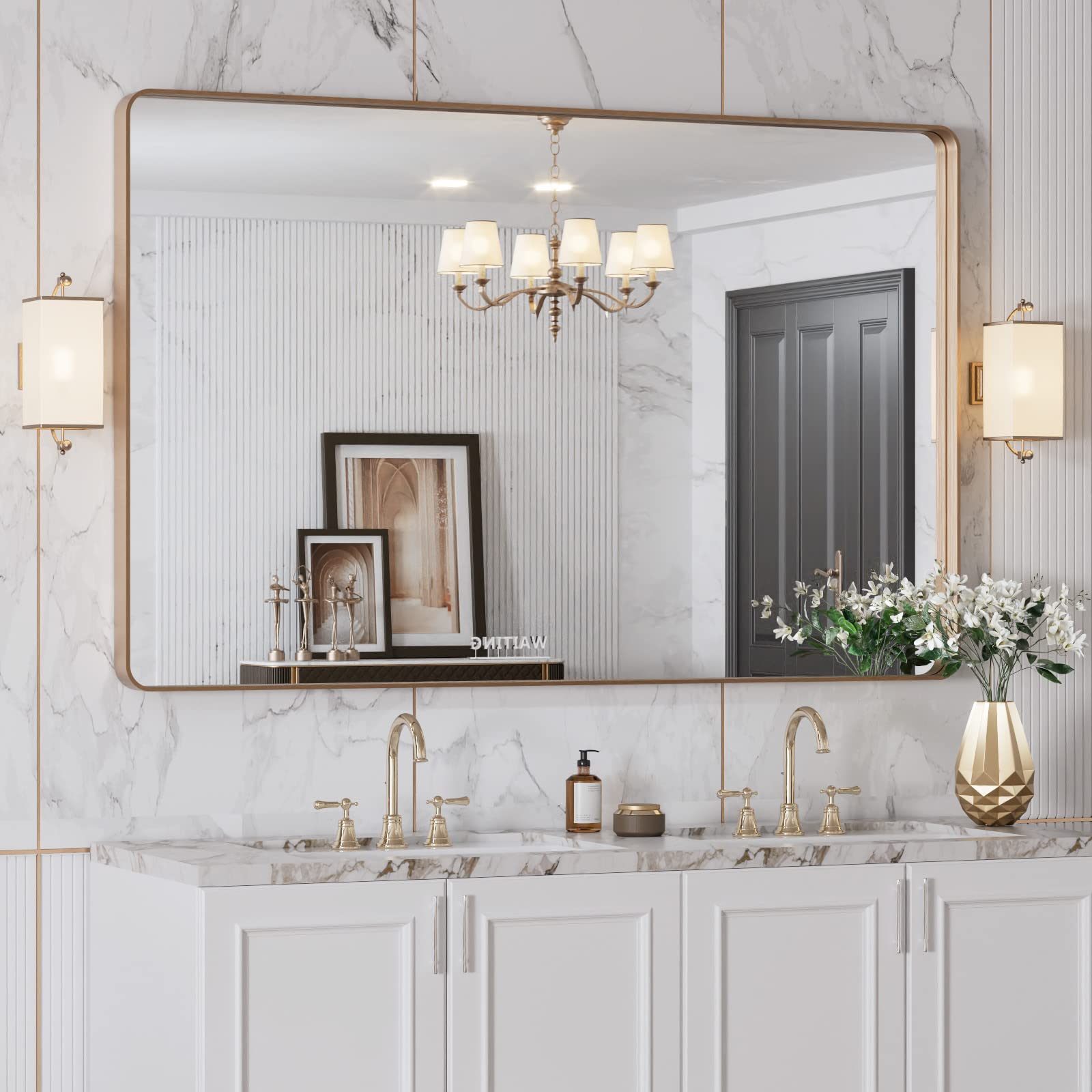 LOAAO espejo dorado con soporte en Z, instalación estable.