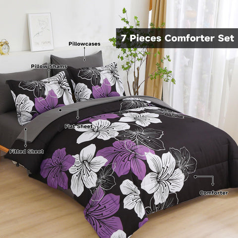 Luxudecor edredón floral morado reversible, suave y acogedor para cualquier estación.