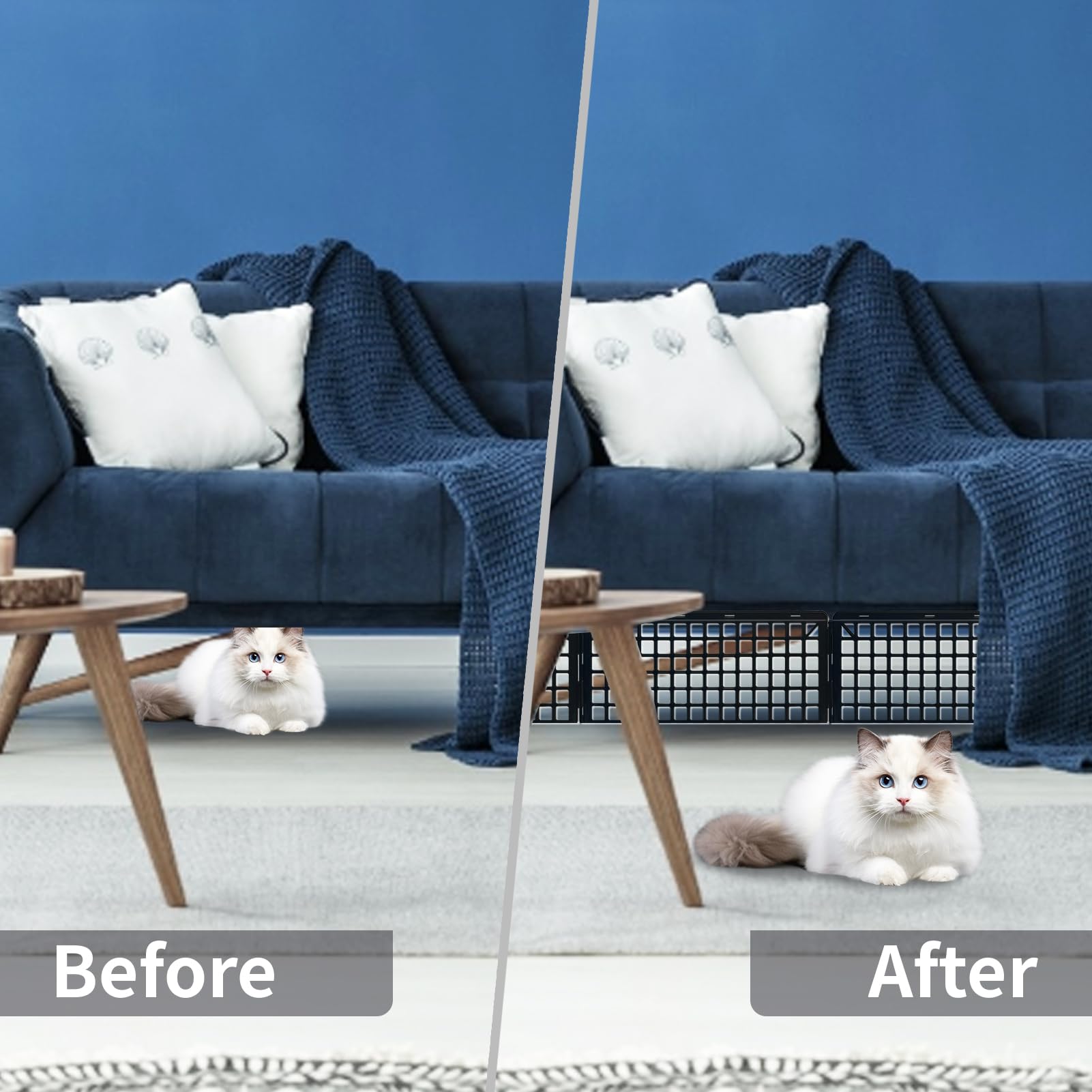 Bloqueadores MAINTEEE debajo del sofá, visibilidad clara del espacio inferior.