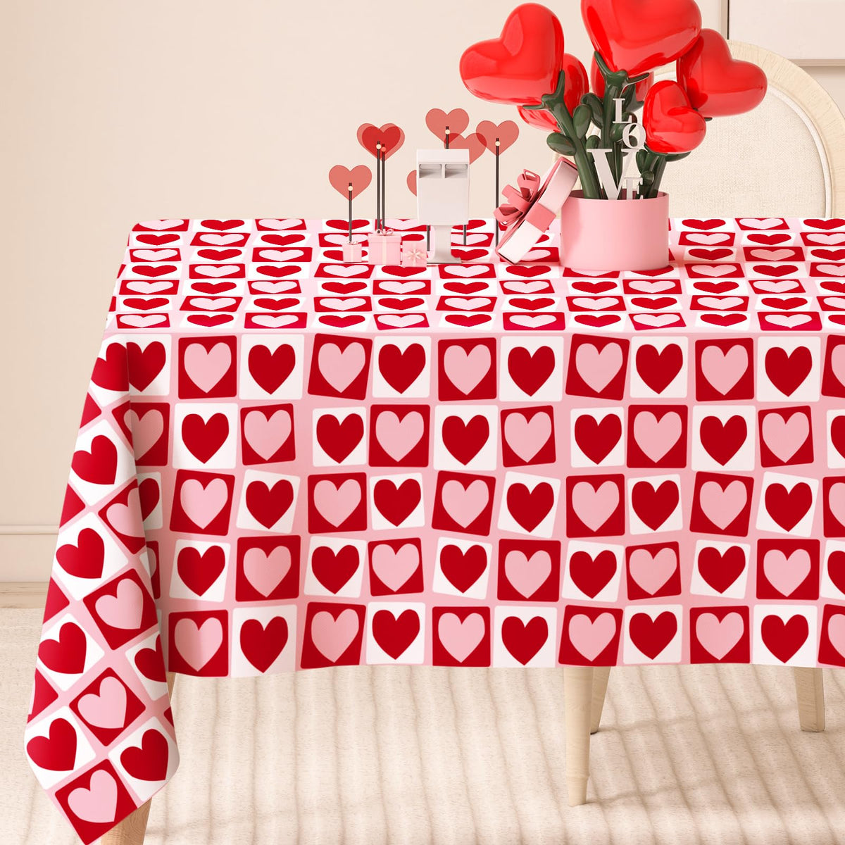 Mantel valentines-tablecloth con corazones rojos; ideal para cenas románticas.