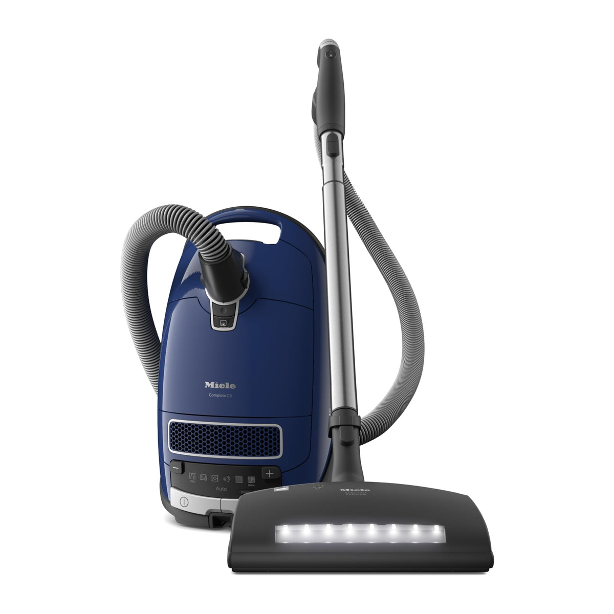 Aspiradora Miele Complete C3 Marin con electrobrush luz LED para limpieza profunda en alfombras.