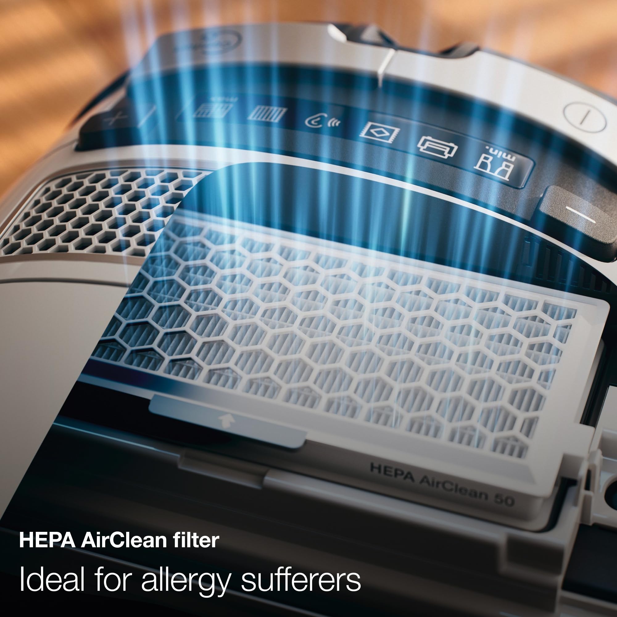Aspiradora Miele Complete C3 Marin con filtro HEPA Lifetime para aire más limpio.