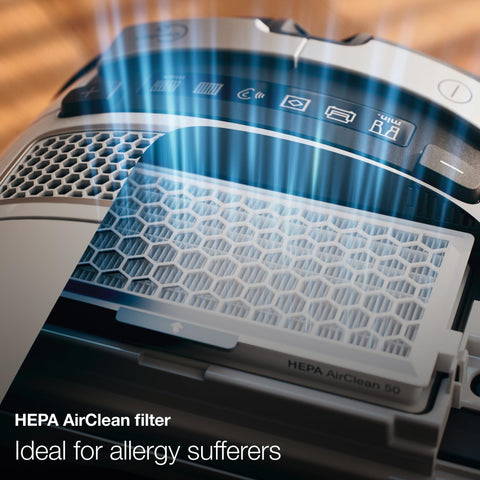 Aspiradora Miele Complete C3 Marin con filtro HEPA Lifetime para aire más limpio.