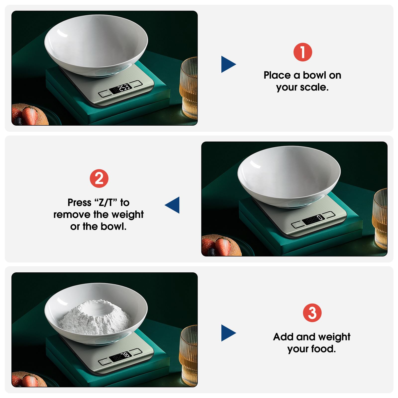 Mik-Nana balanza con lectura clara en la pantalla para recetas.