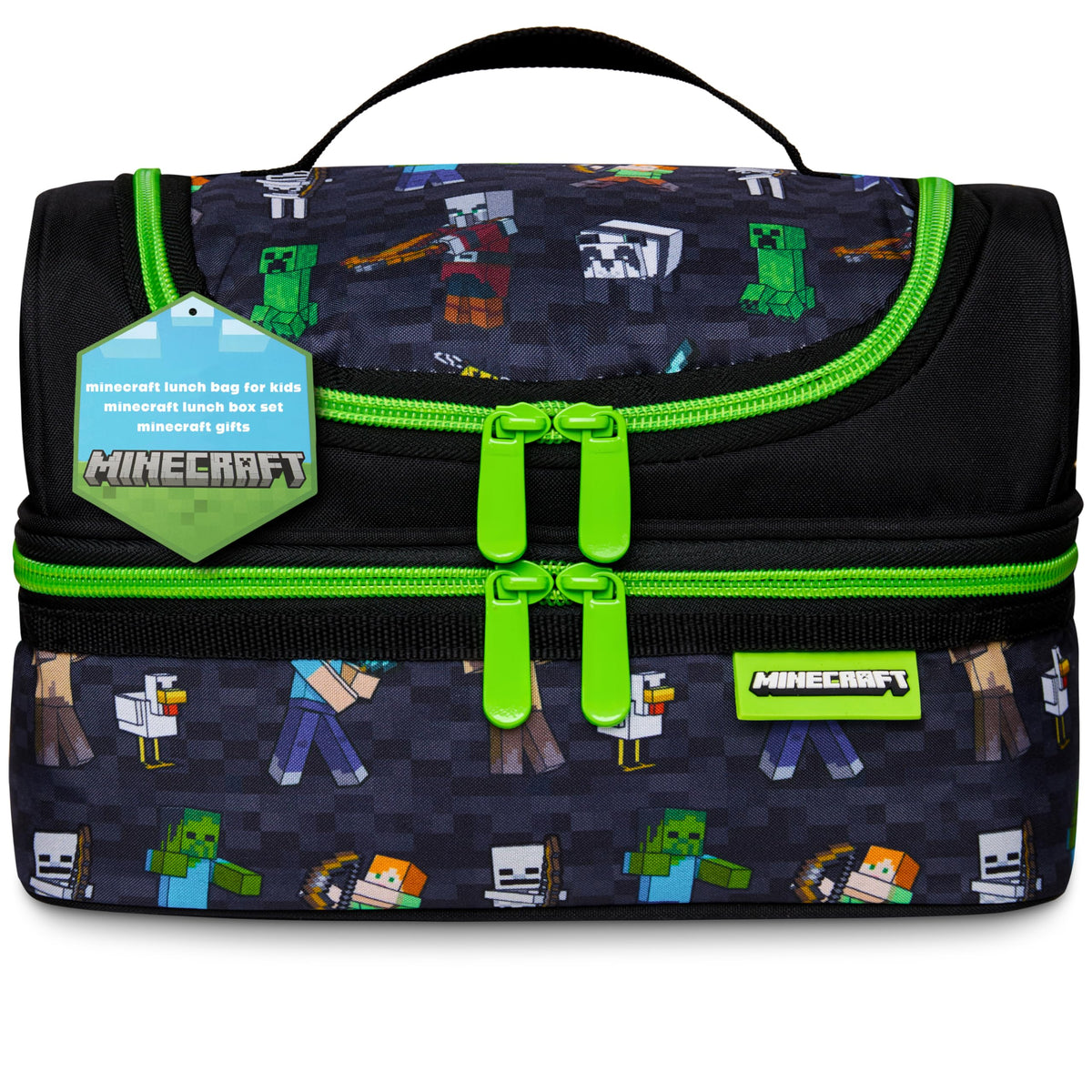 Minecraft Creeper bolsa de almuerzo aislada frontal, ideal para la escuela.