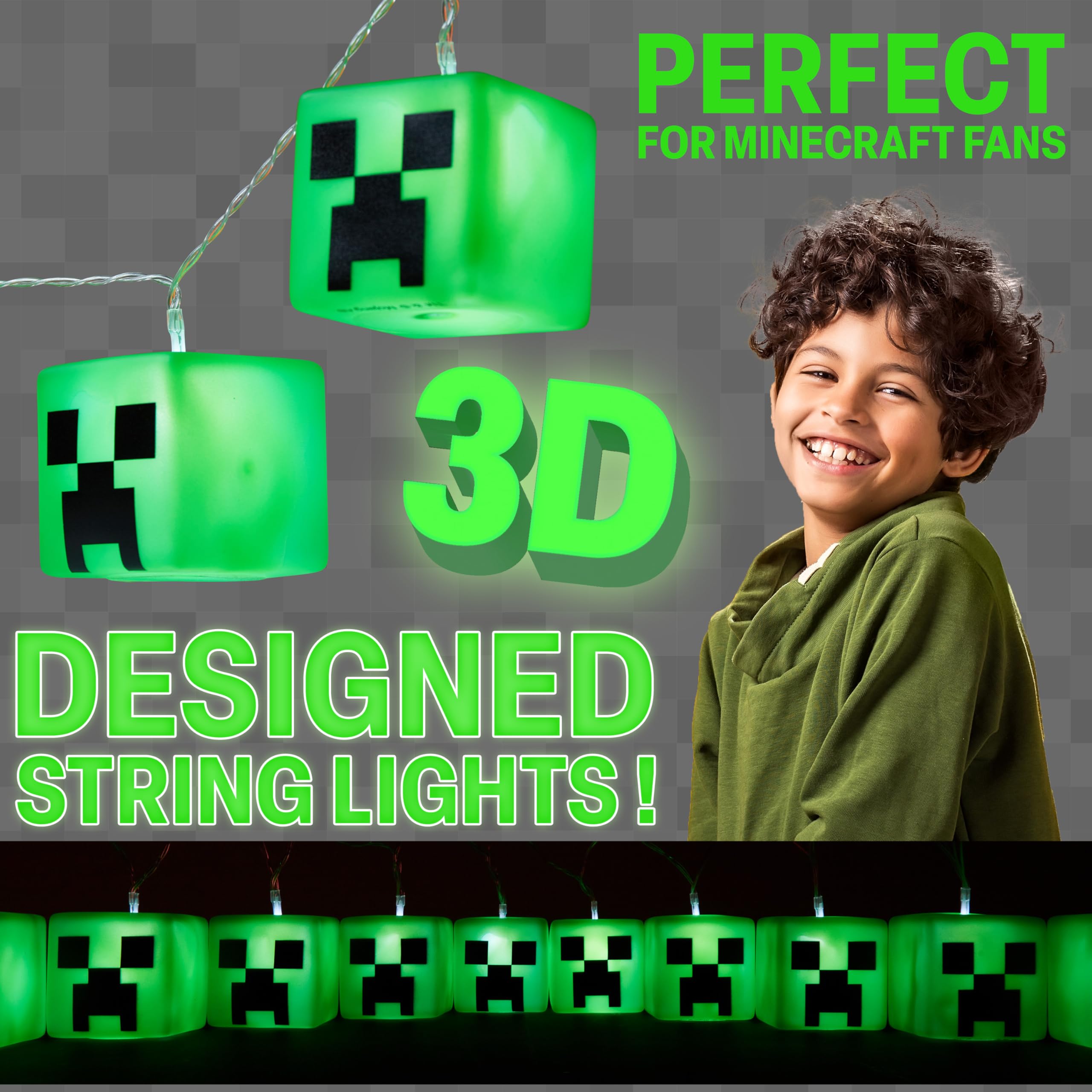 Cubo verde de Minecraft ilumina estantería para un ambiente de juegos