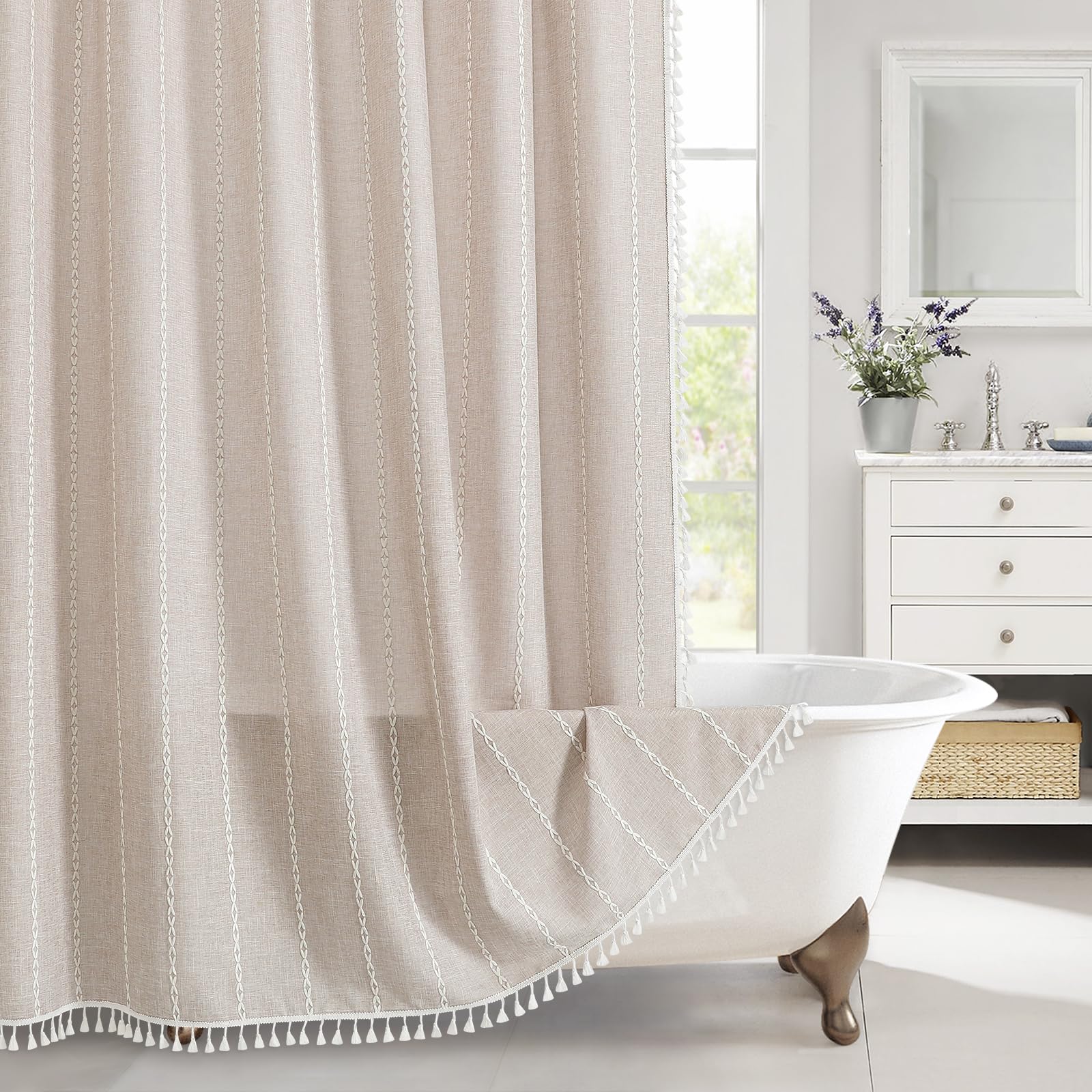 Cortina de ducha MitoVilla boho farmhouse taupe 72x72, estilo rústico y elegante.