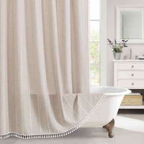 Cortina de ducha MitoVilla boho farmhouse taupe 72x72, estilo rústico y elegante.