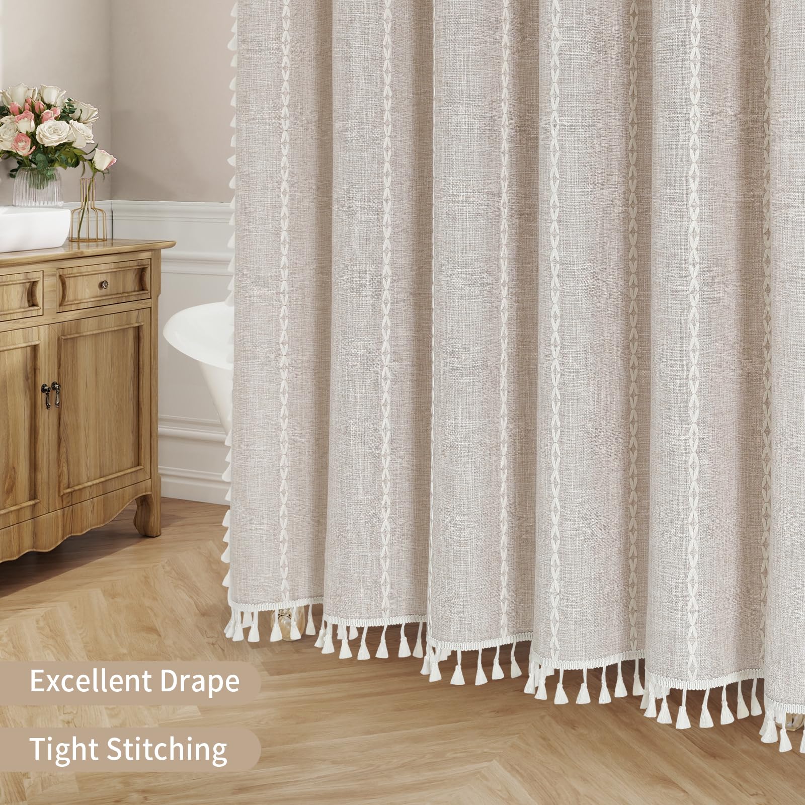 Diseño boho farmhouse con patrón geométrico suave.