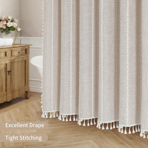 Diseño boho farmhouse con patrón geométrico suave.