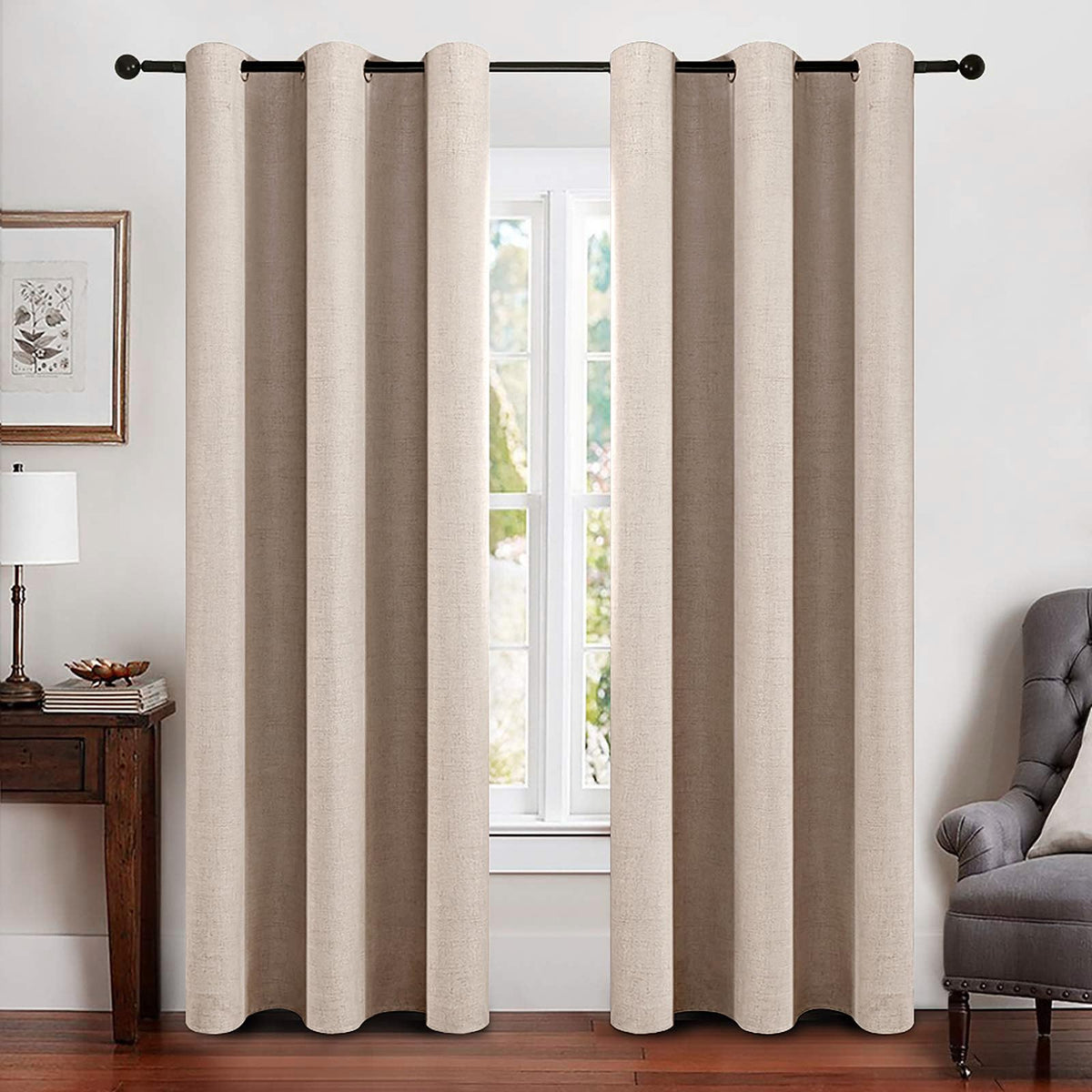 Cortinas MIULEE opacas con textura de lino beige, vista frontal con ojales.