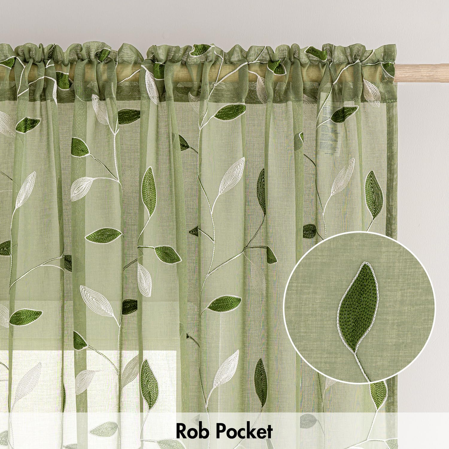 Cortinas MIULEE detalle hojas bordadas que aportan frescura natural