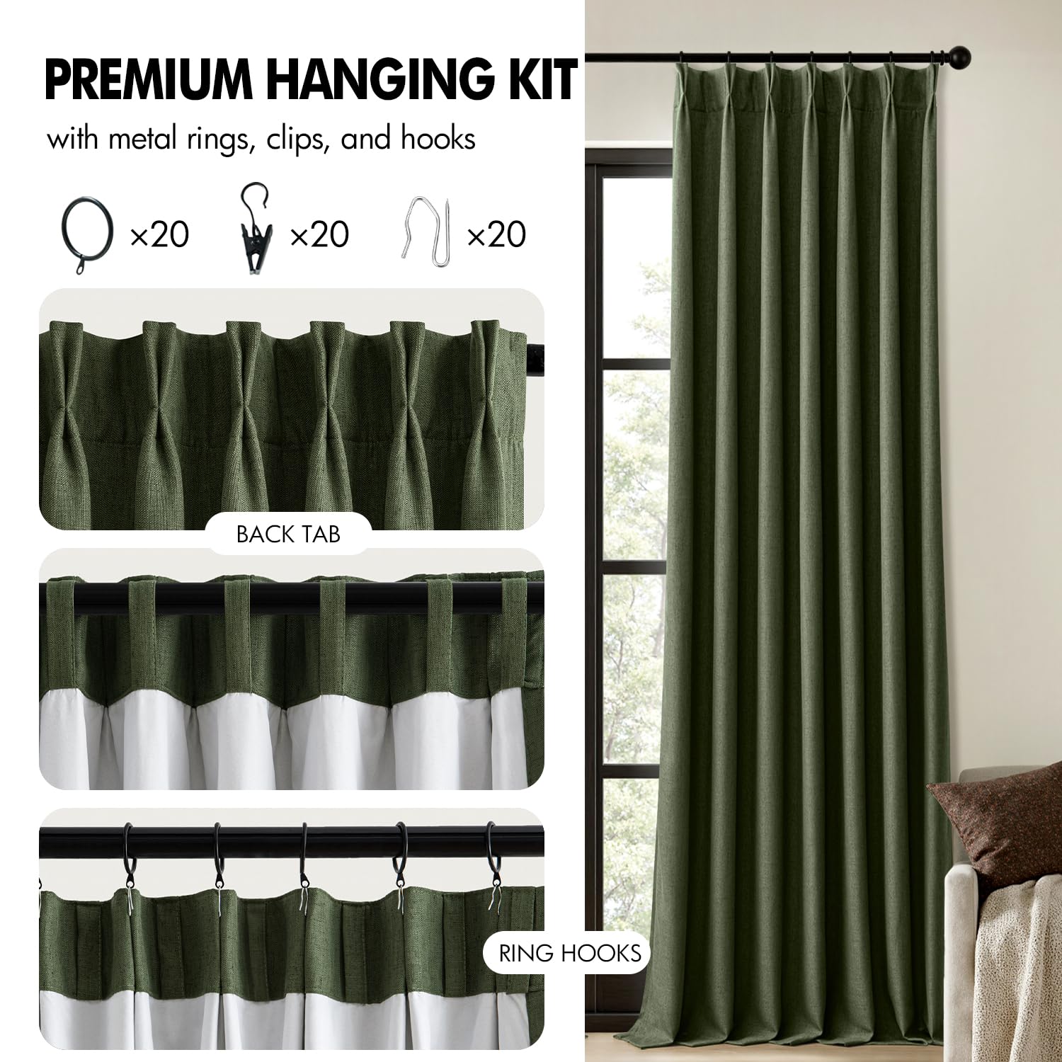 Cortinas MIULEE oliva verde con bolsillos y ganchos para una caída perfecta