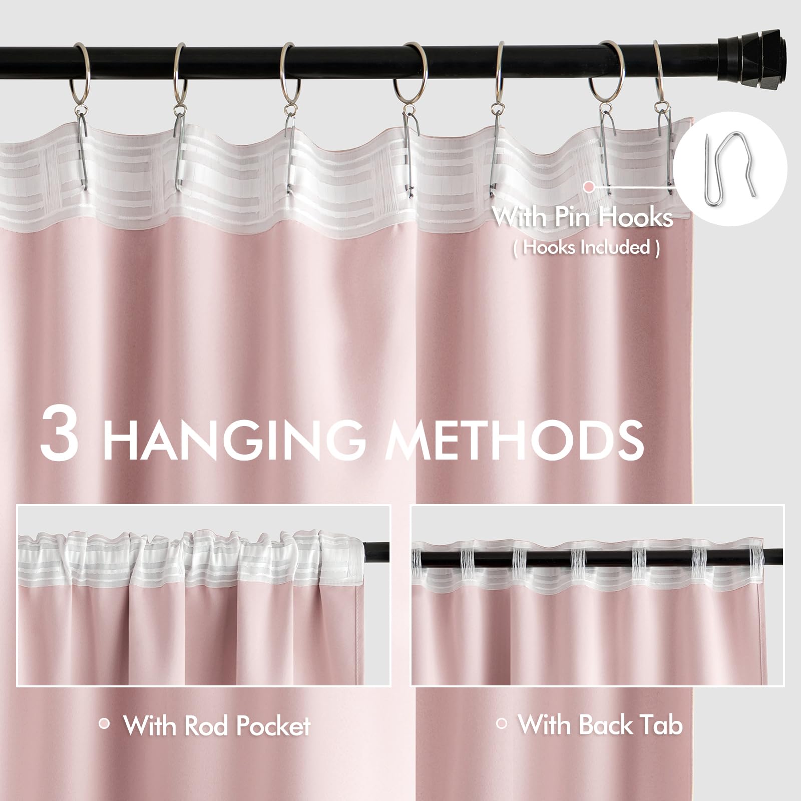 Cortinas opacas MIULEE rosa bebé, bolsillos para varilla, instalación rápida y estable.