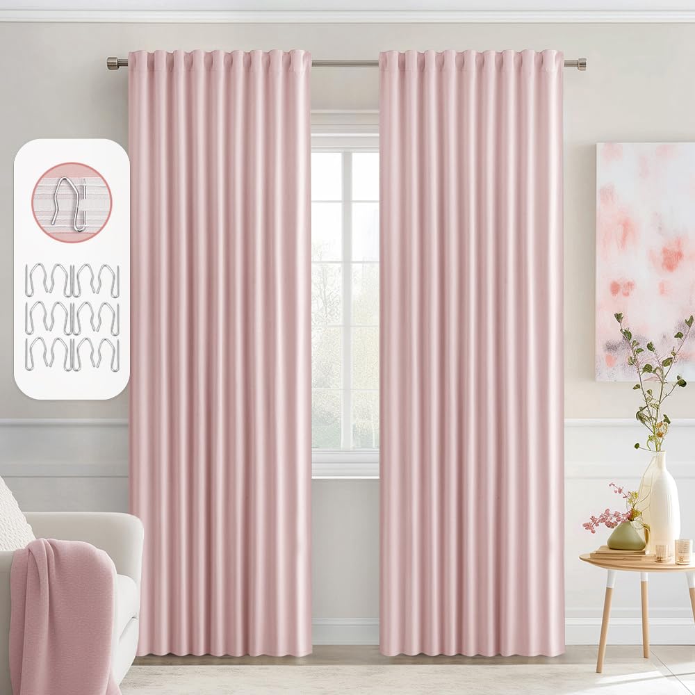 Cortinas opacas MIULEE rosa bebé, frontal, privacidad mejorada para dormitorios.