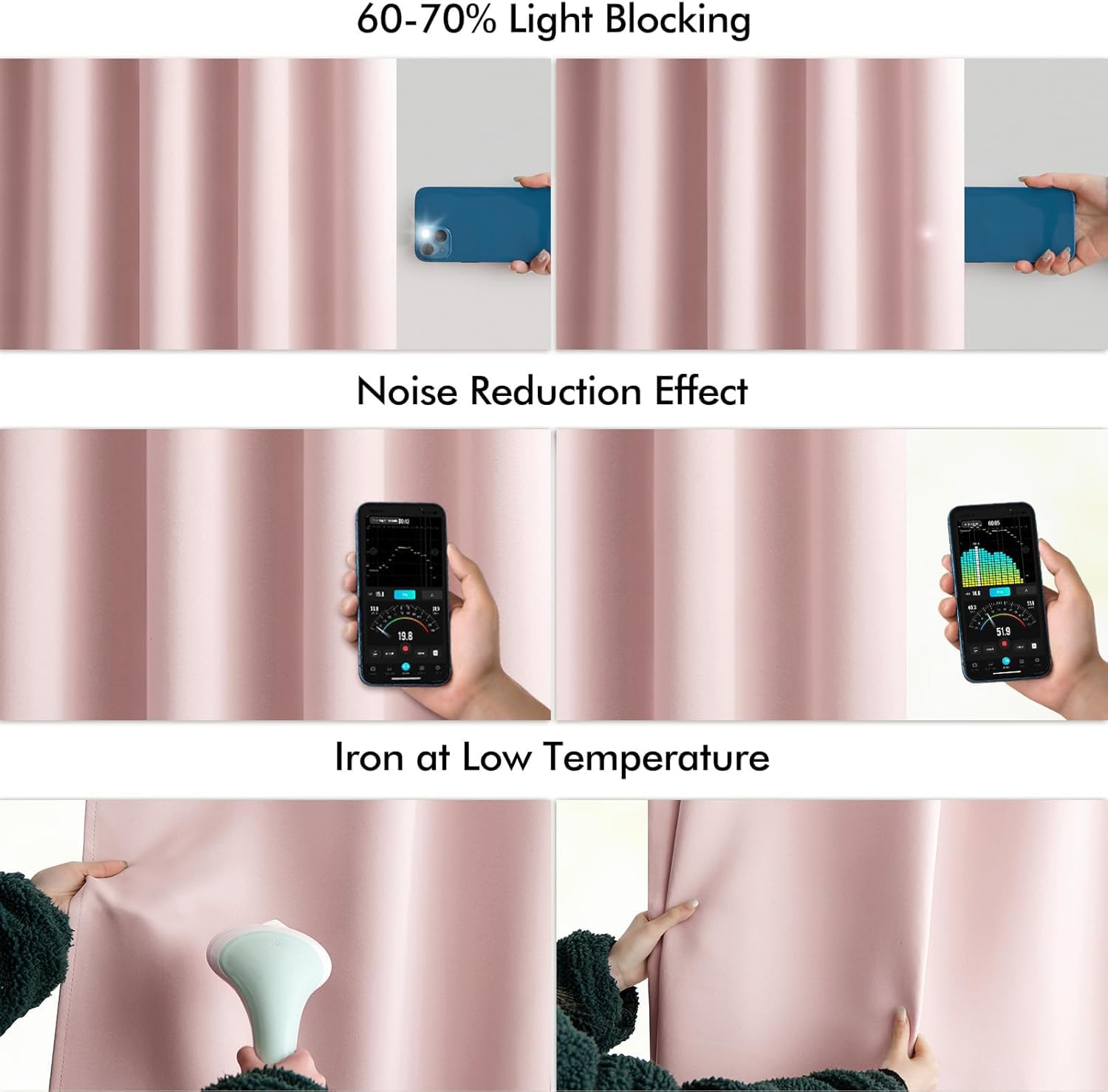 Cortinas opacas MIULEE rosa bebé, plisado, acabado textural y control de luz.