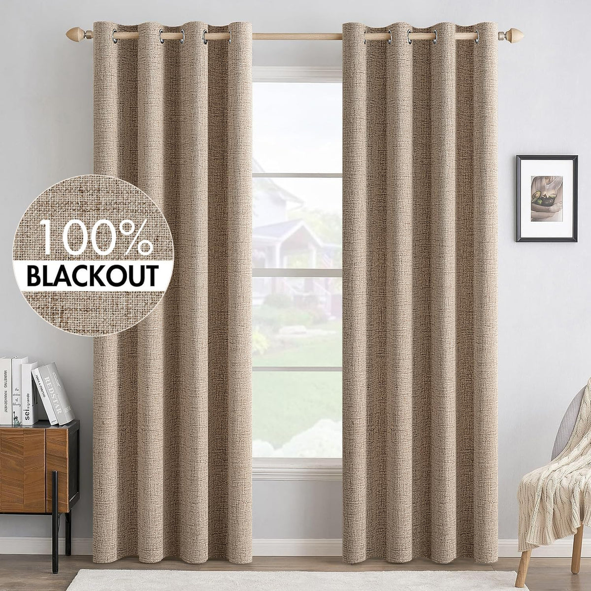Cortinas MIULEE opacas con textura de lino en cobre marrón bloquean la luz para dormir mejor.
