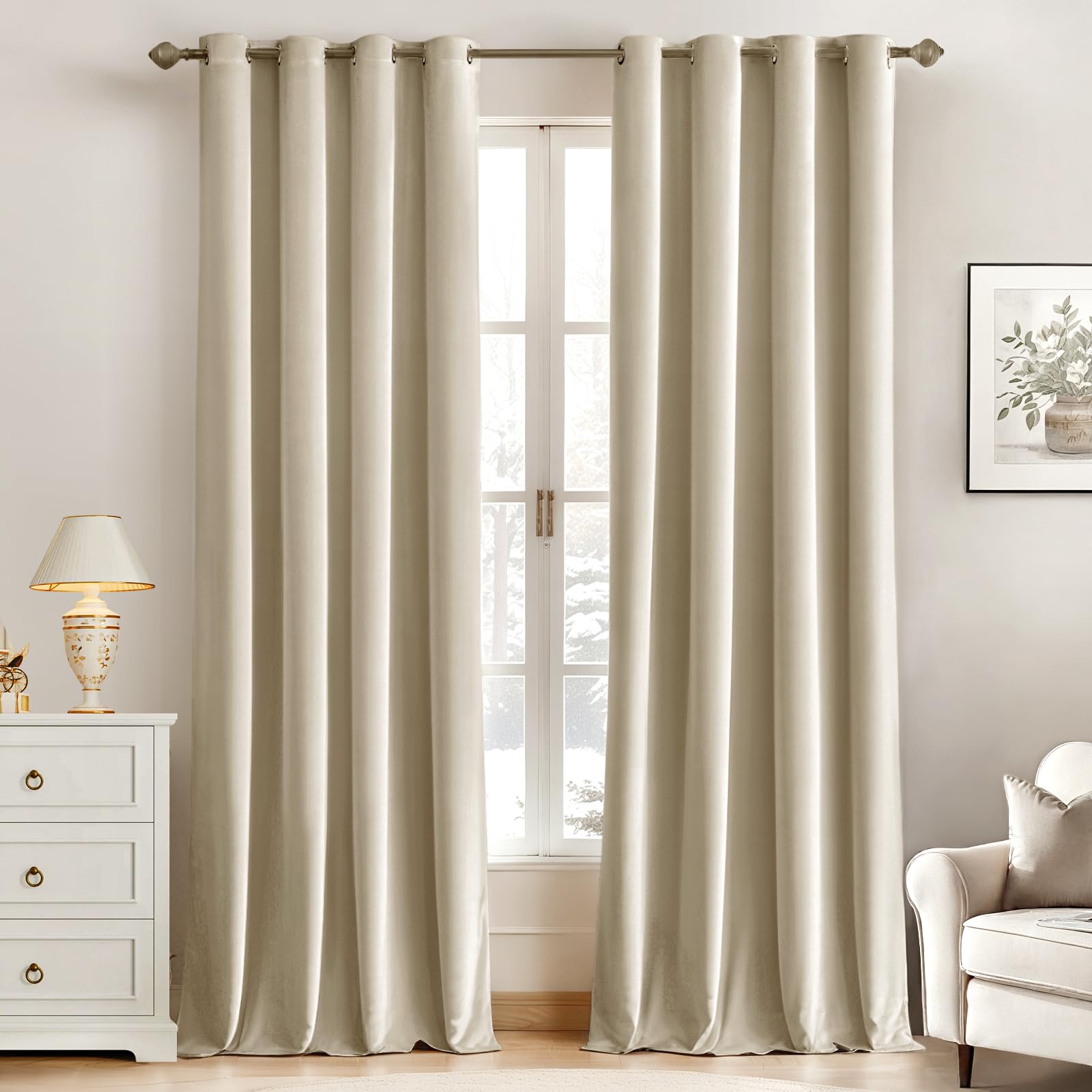Cortinas MIULEE de terciopelo beige, frente elegante para sala, mejora la estética.