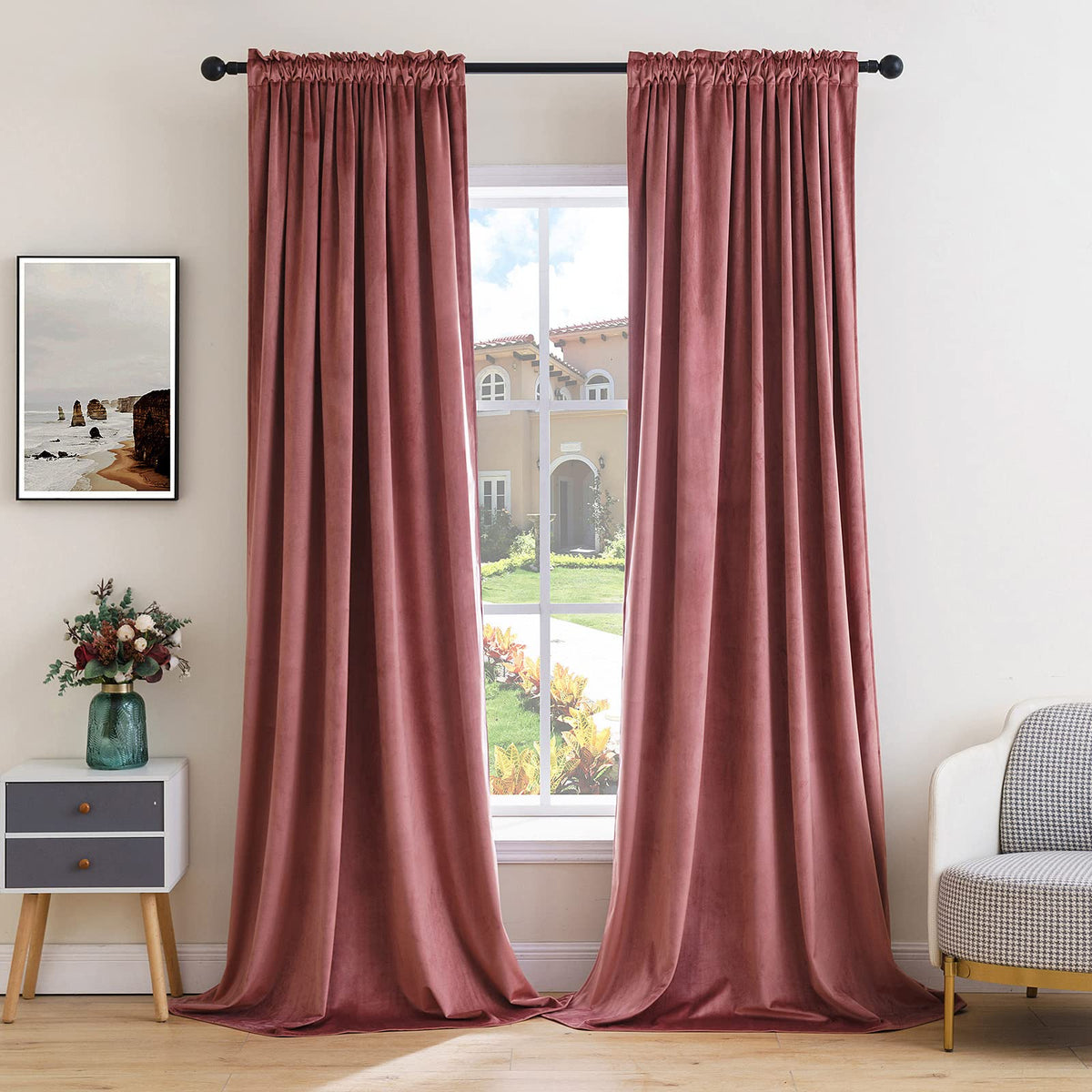 Cortinas MIULEE de terciopelo rosa empolvado, vista general para sala elegante y oscurecimiento suave.