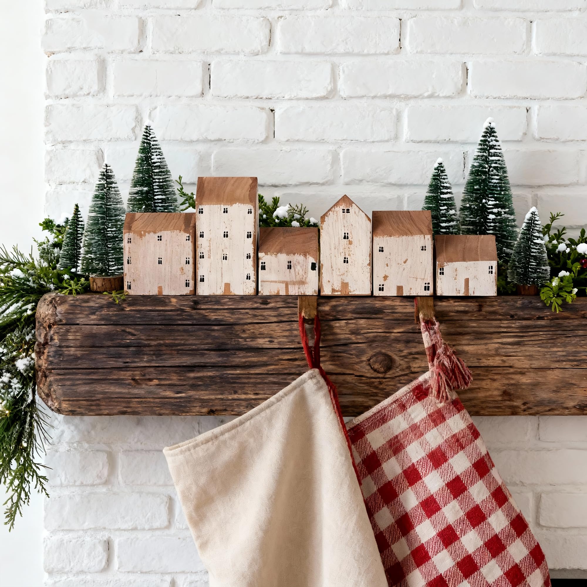 Mokof Árboles nevados para estante, escena navideña encantadora.