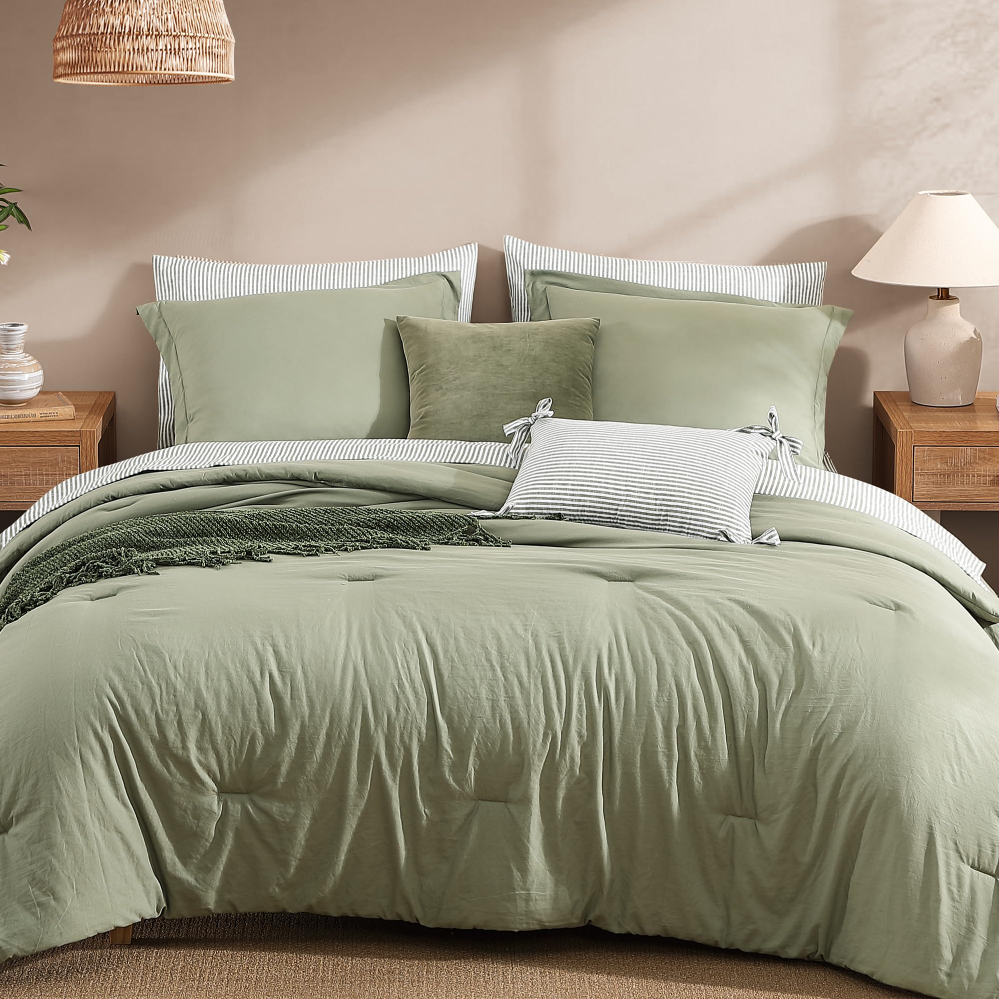 Monbix edredón queen verde prelavado; sensación suave para todo el año