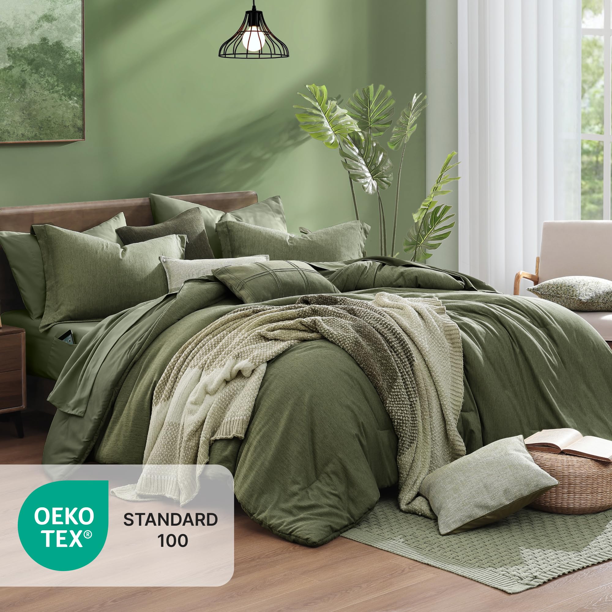 Monbix juego de cama California King verde oliva, diseño reversible para dos estilos