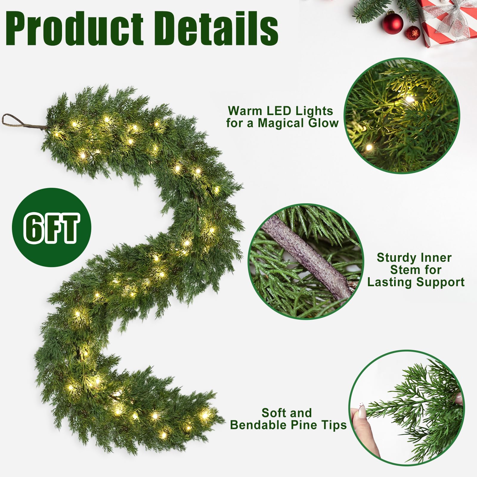 La guirnalda MSMUH de ciprés artificial de 6 pies aporta cobertura lujosa.