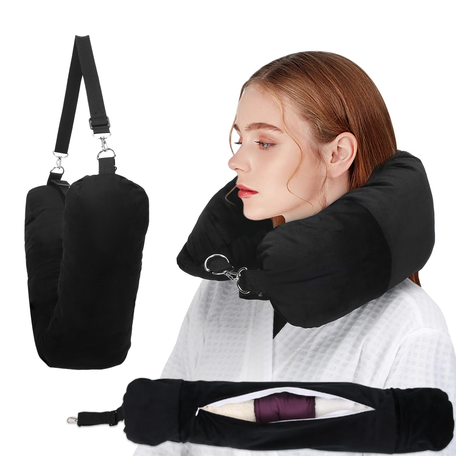 Almohada de viaje NK HealthCare rellenable negra para descanso cómodo en vuelos