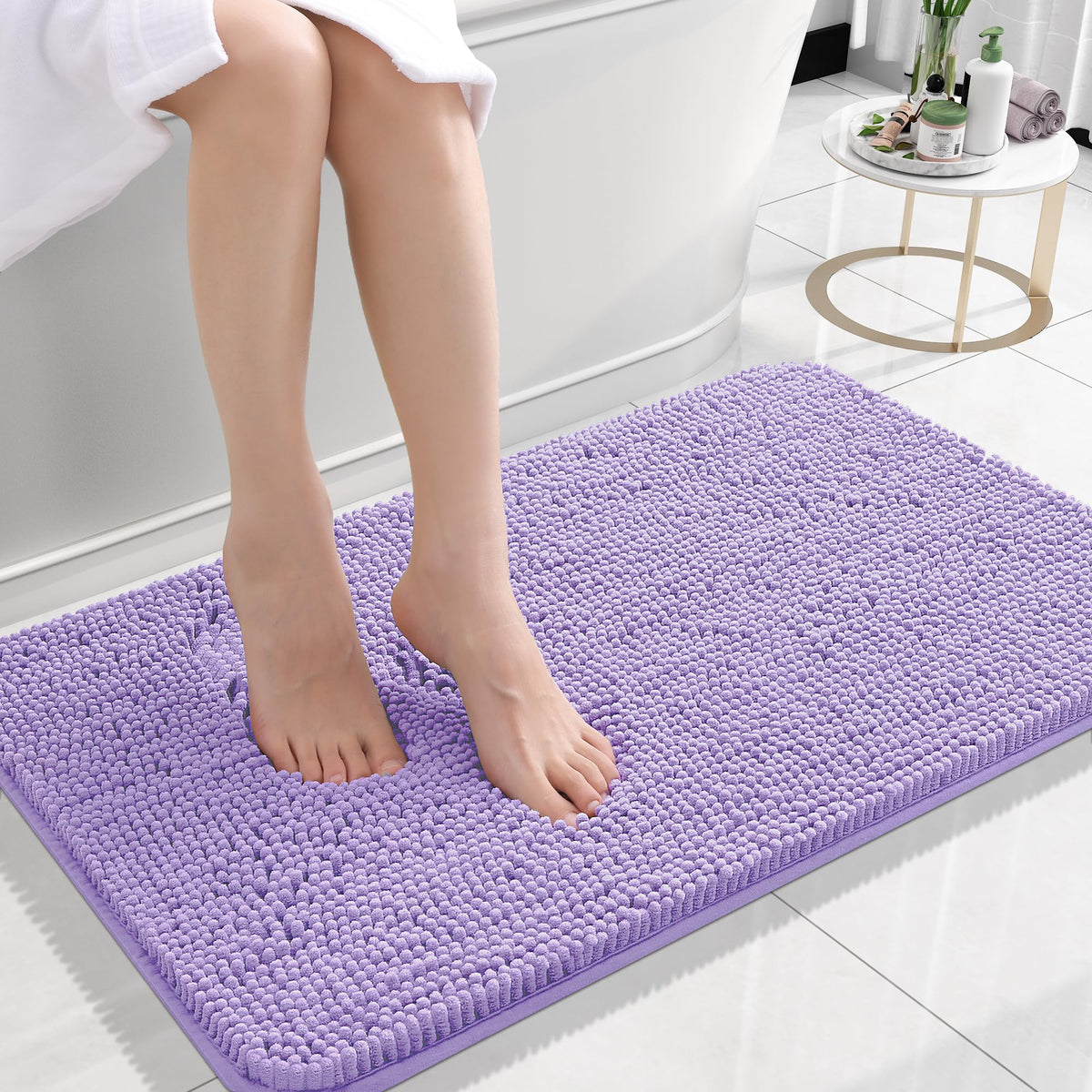 OLANLY alfombra de baño chenille lavanda rectangular, tacto suave para pies cansados.