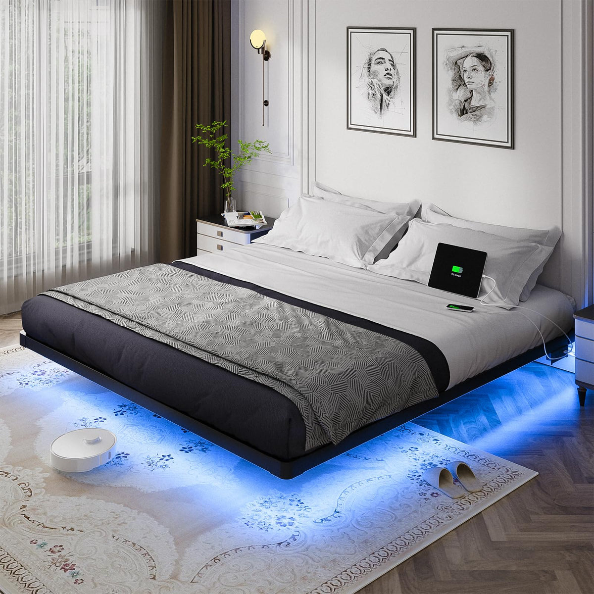 OLEVS cama flotante tamaño rey con iluminación para dormitorio moderno