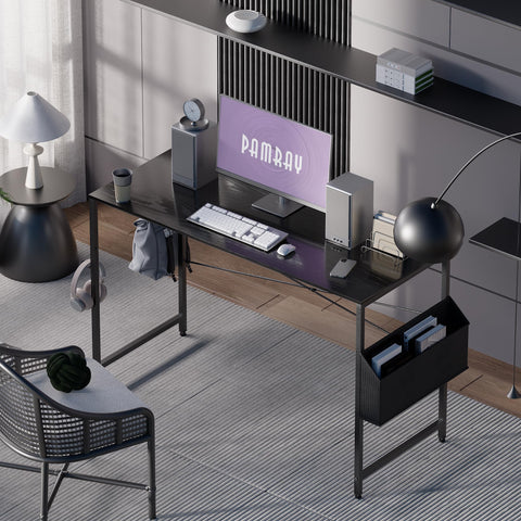 Pamray escritorio con bolsa de almacenamiento lateral, organización rápida de suministros y accesorios.