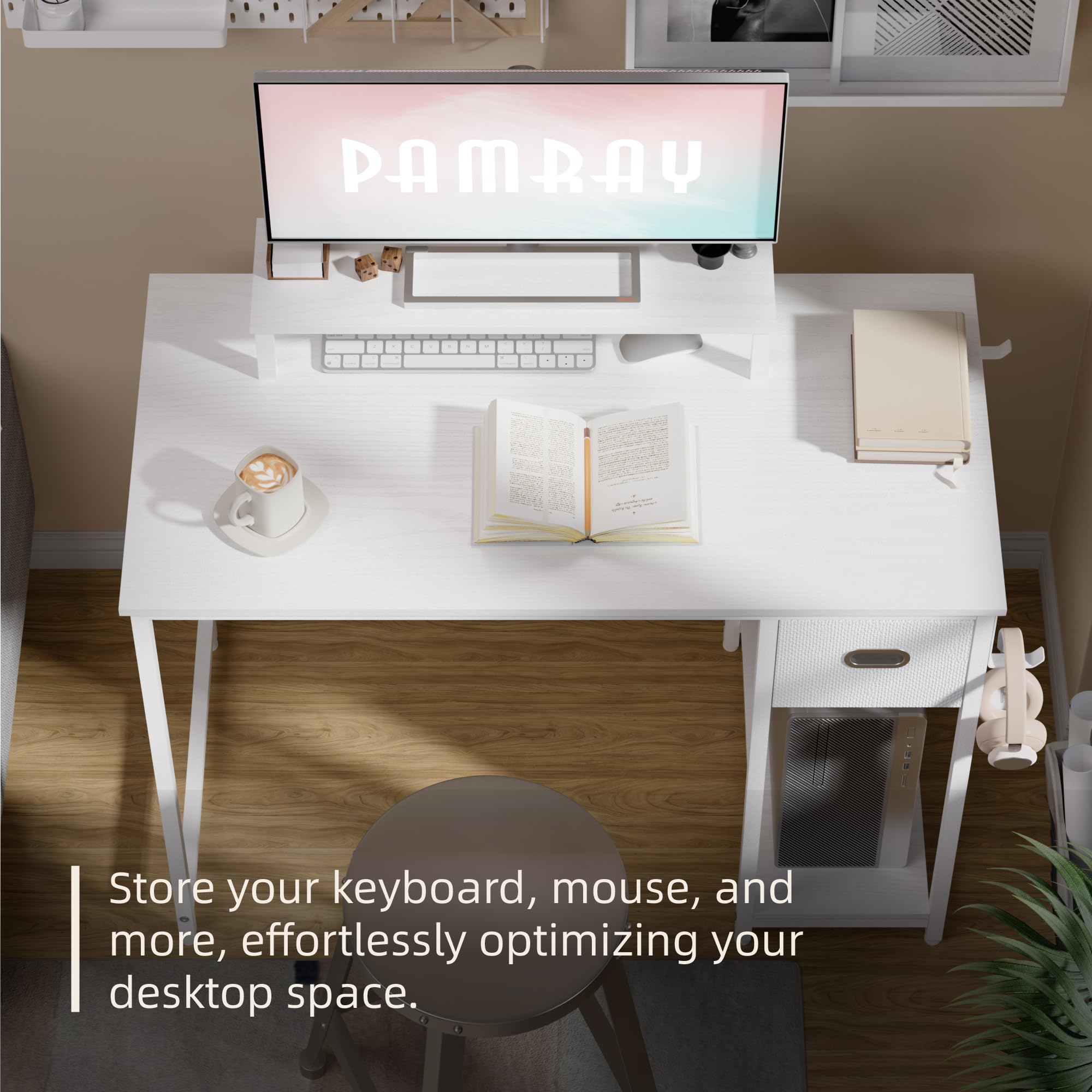 Pamray escritorio con ganchos para colgar artículos como bolso y auriculares.