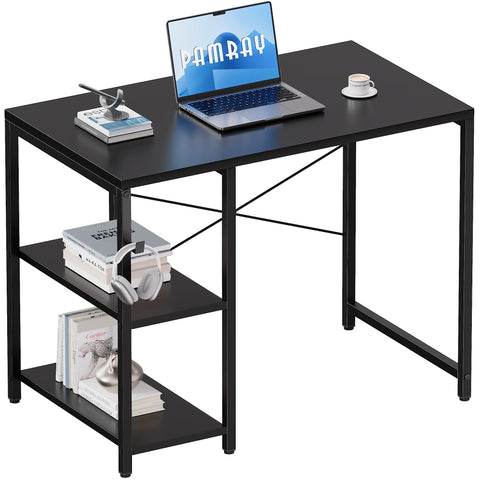Pamray escritorio 32 pulgadas con estantes a la izquierda para organización.