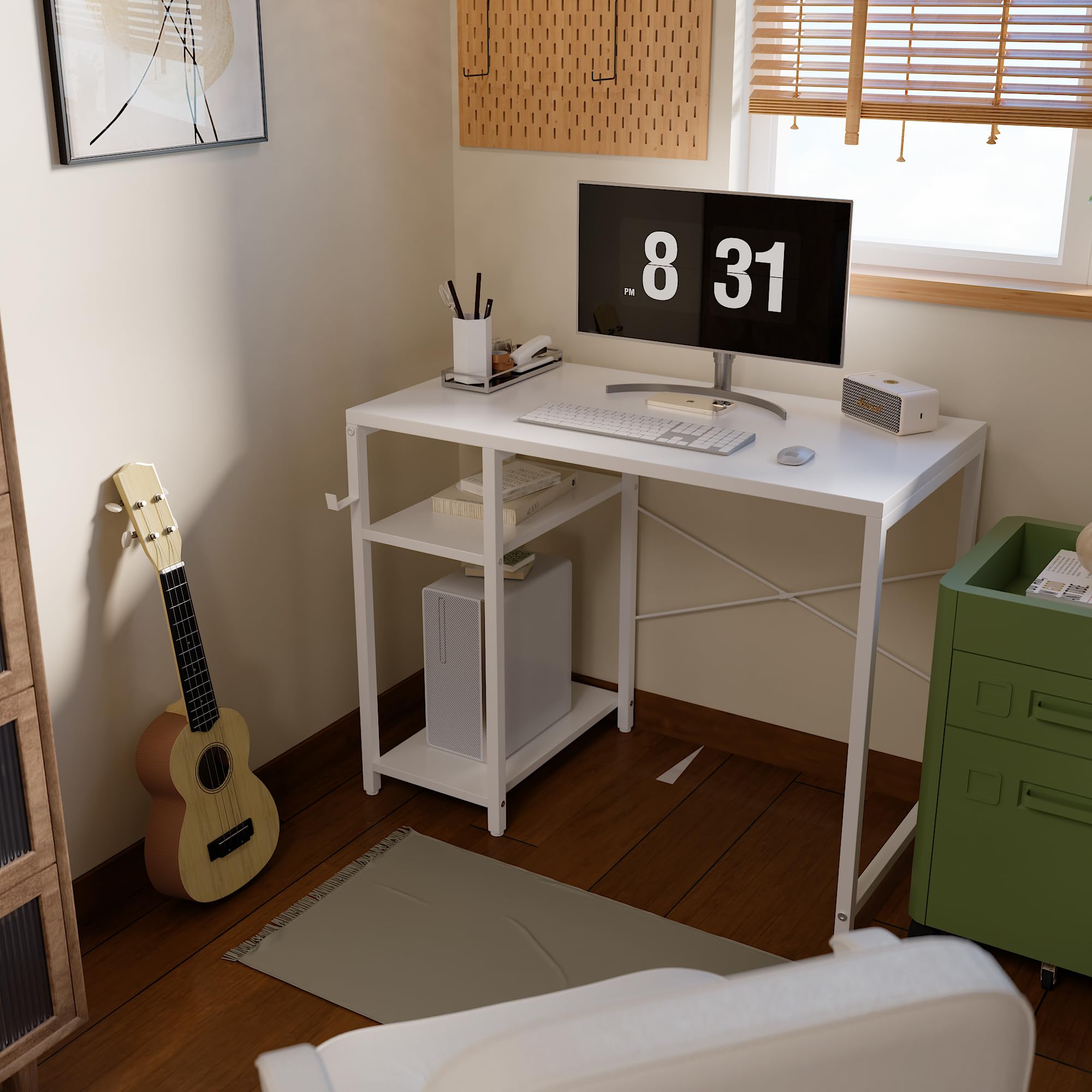 Pamray escritorio pequeño con gancho para audífonos en blanco, práctico para sesiones largas.