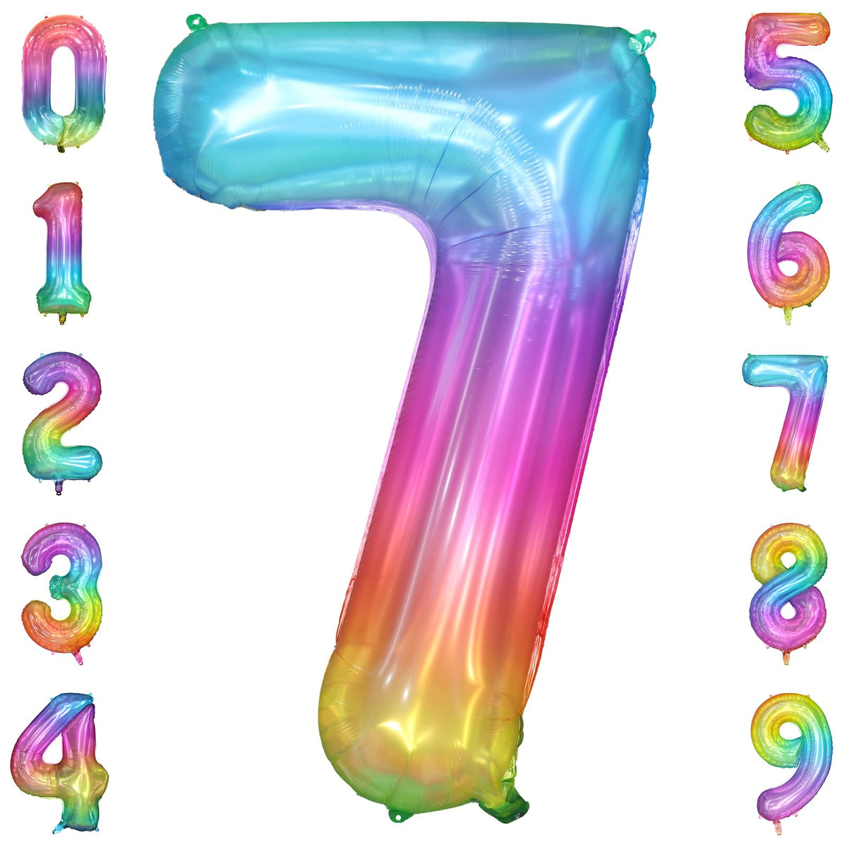 PatiCool globo número 7 arcoíris frente, ideal para sesión de fiesta
