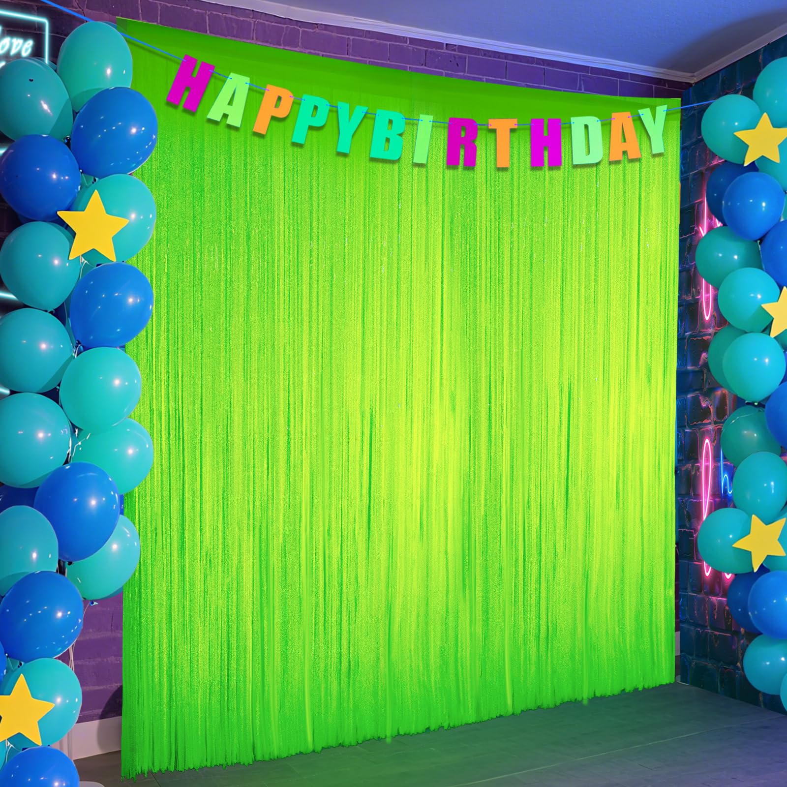 PIGETALE cortinas flecos neon verde macaron brillan bajo luz UV