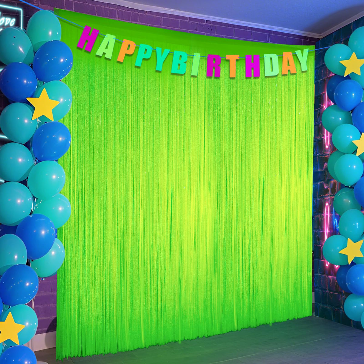 PIGETALE cortinas flecos neon verde macaron brillan bajo luz UV