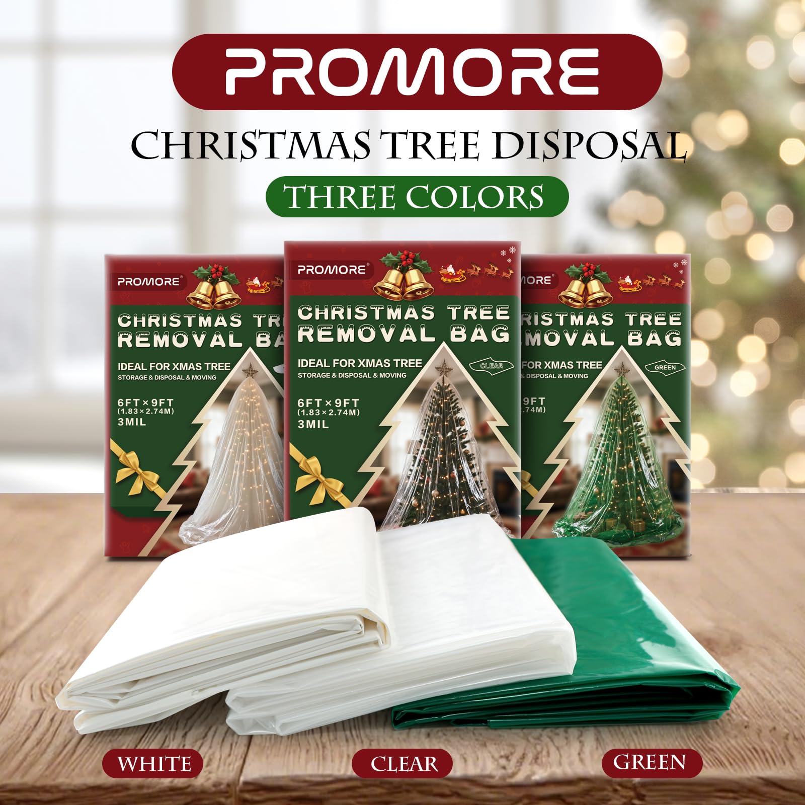 PROMORE bolsa para arbol navidad 9x6 pies grande compatible con arboles reales o artificiales.