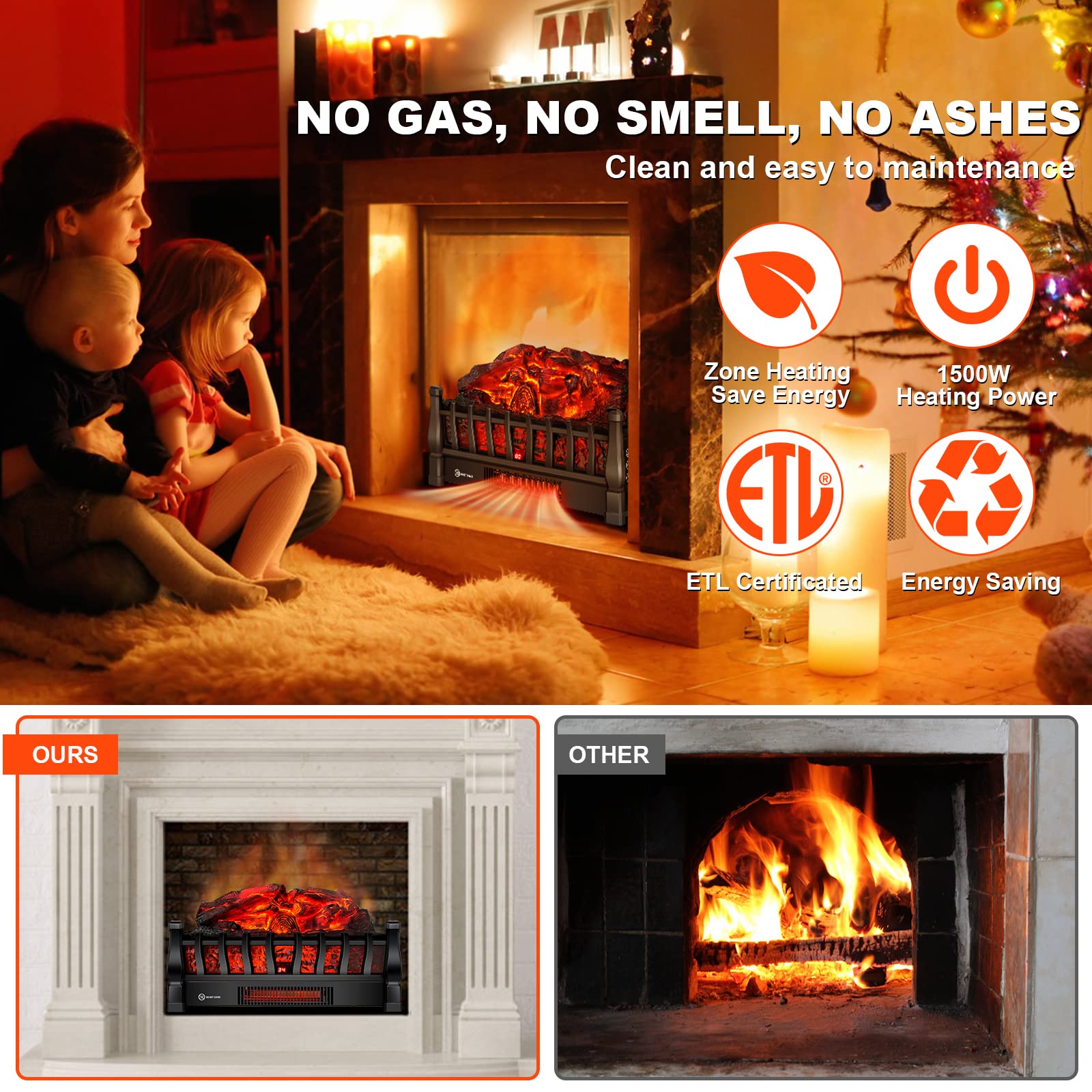 Riseon inserto troncos eléctricos con ventilador silencioso de calefacción