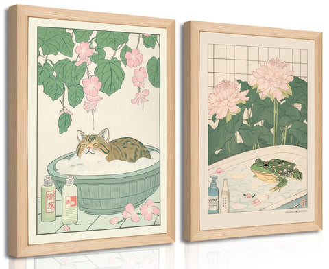 Riveda set de arte para baño con gatos y ranas, marco de madera, ambiente relajante.