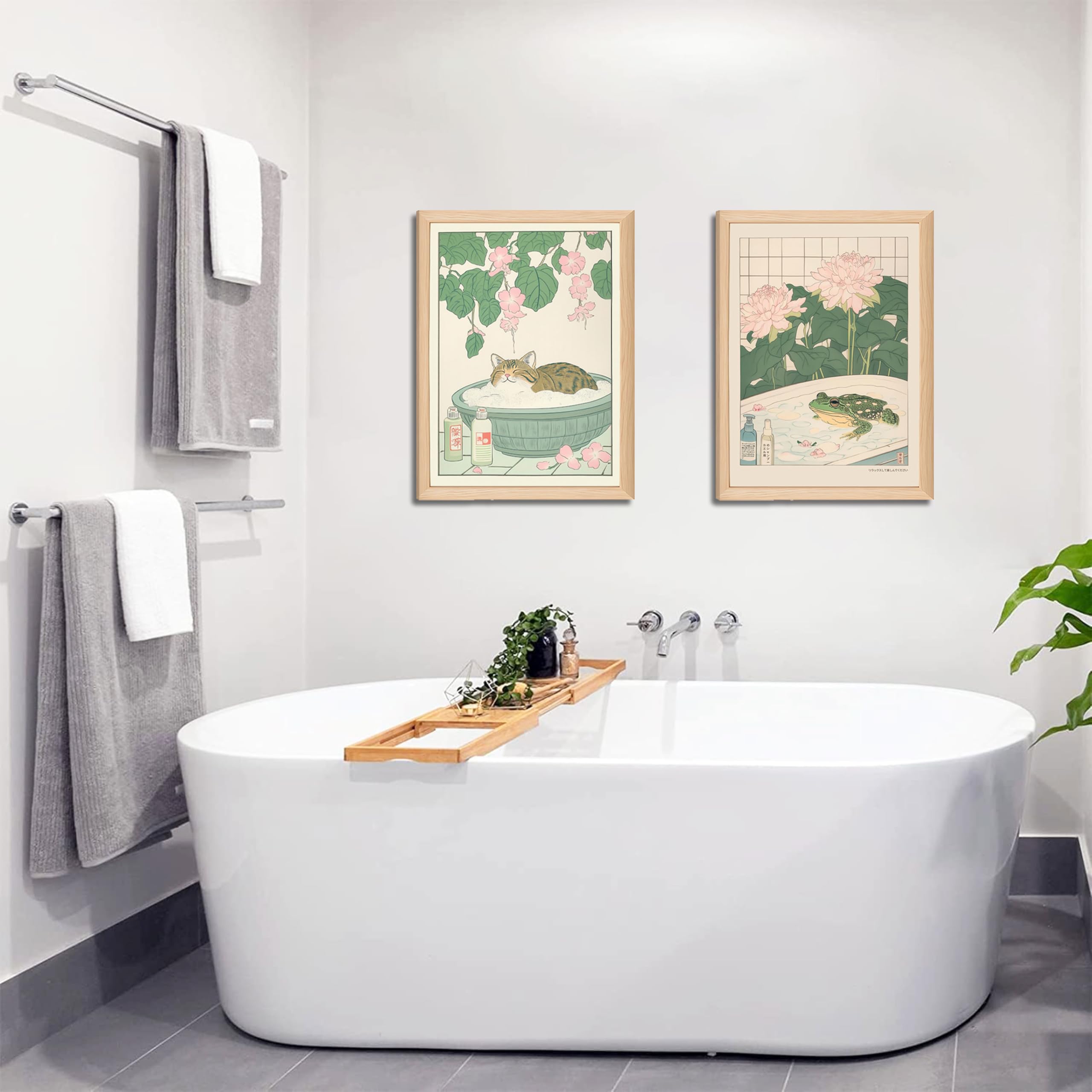 Riveda diseño japonés arte para baño con gatos y ranas.