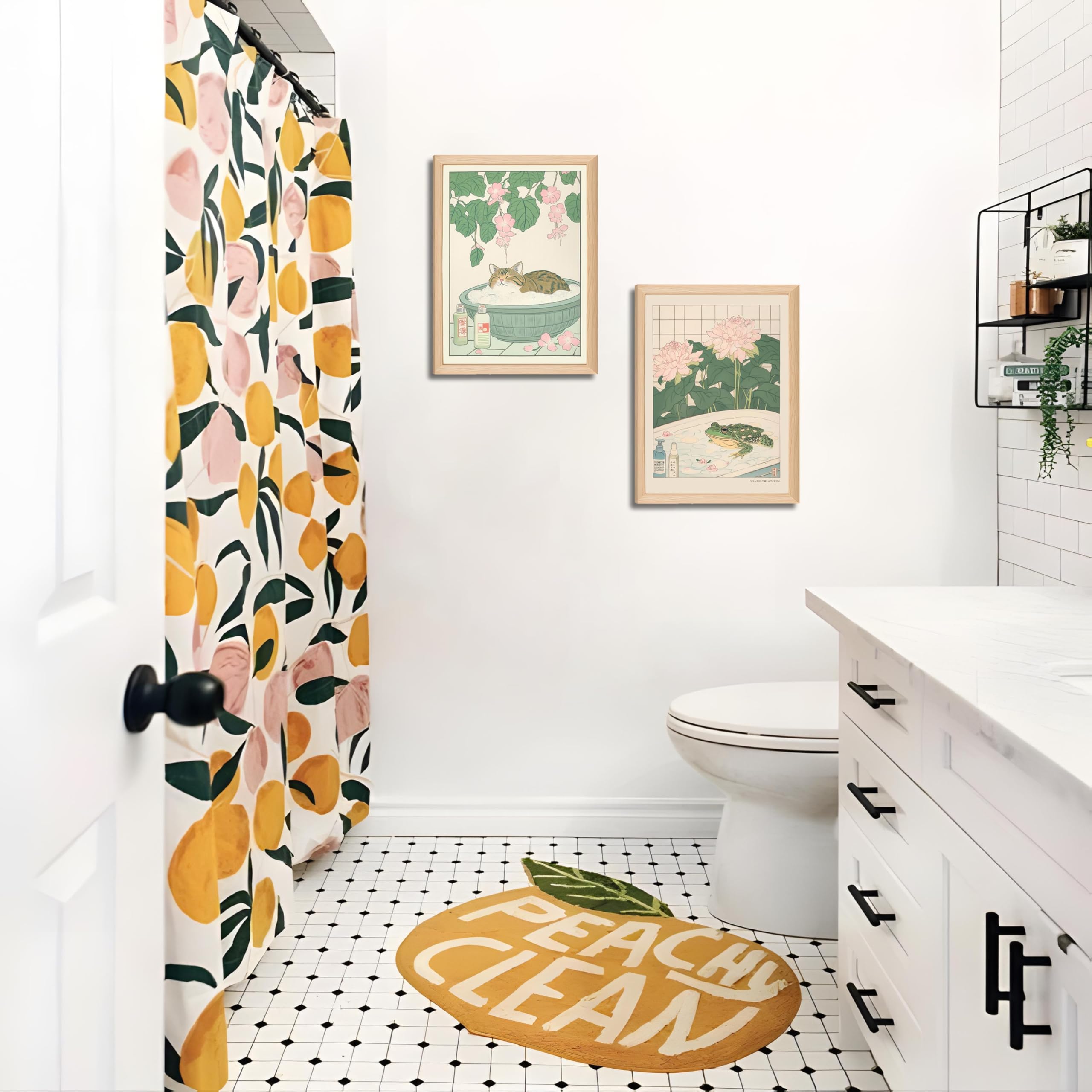 Riveda imagen de baño con naturaleza abstracta y animales.